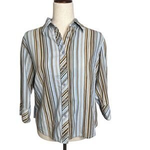 Marco Pecci Womens Shirt Euro Sz 42 US 10 Striped Button Up Ribbed Cotton Blouse